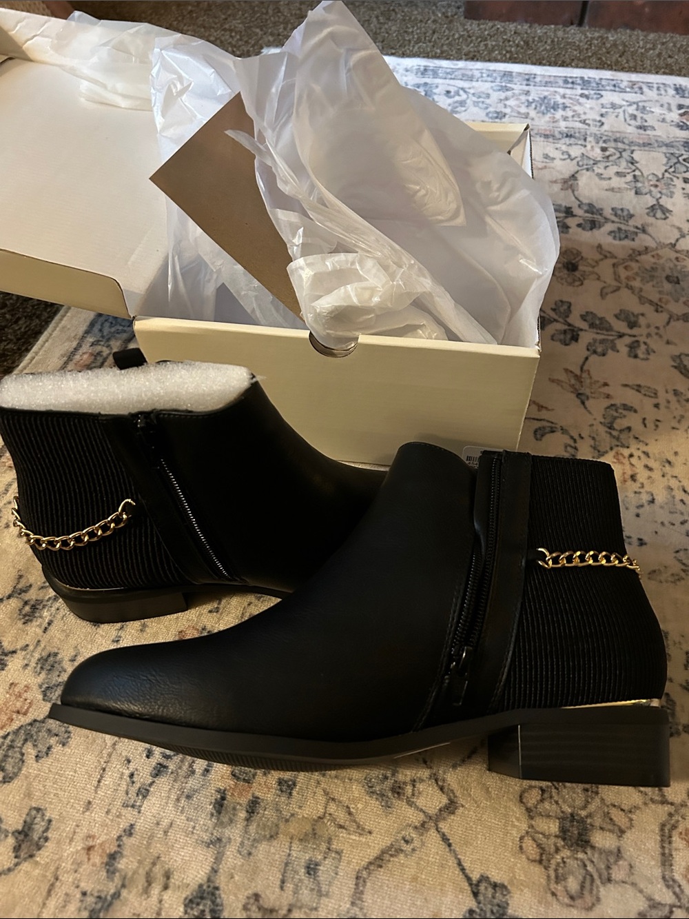 Cato Black Ankle Booties with Gold Chain Trim